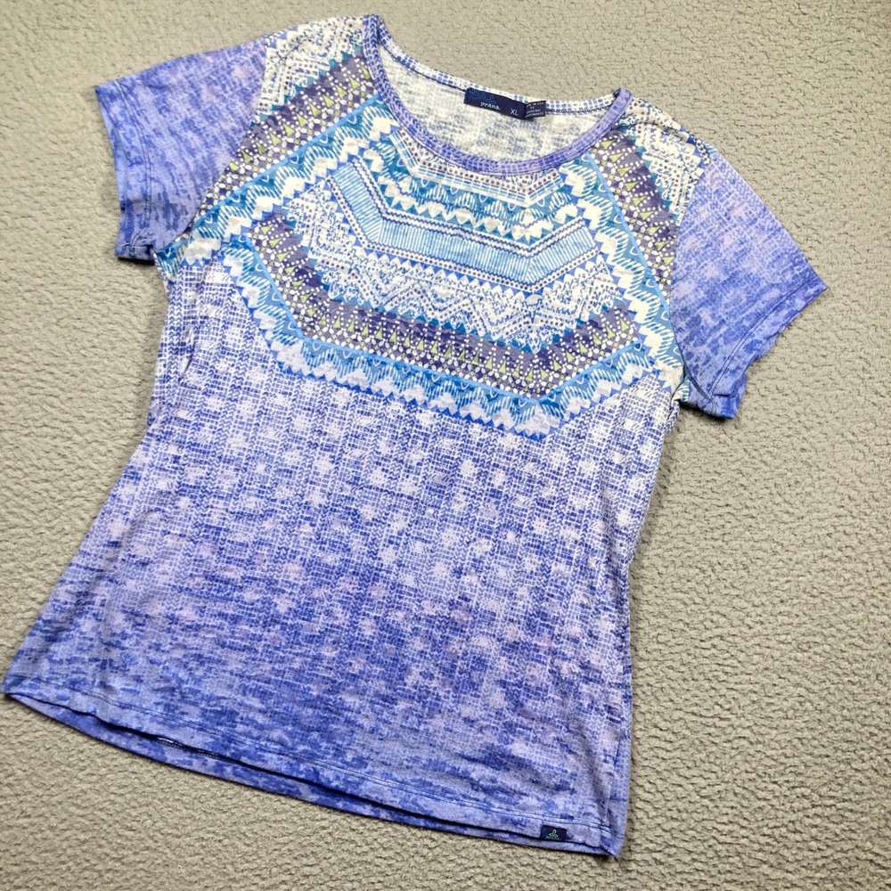 Prana Tee Women XL Blue Purple Geometric Tribal Print Burnout W1SANS316